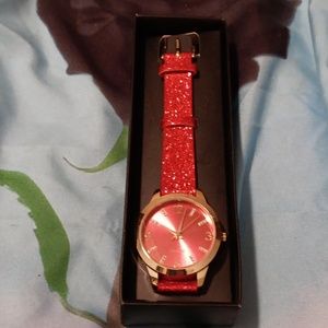 #Avon Red Sparkle Party Strap Ladies Watch Goldtone Round Dial